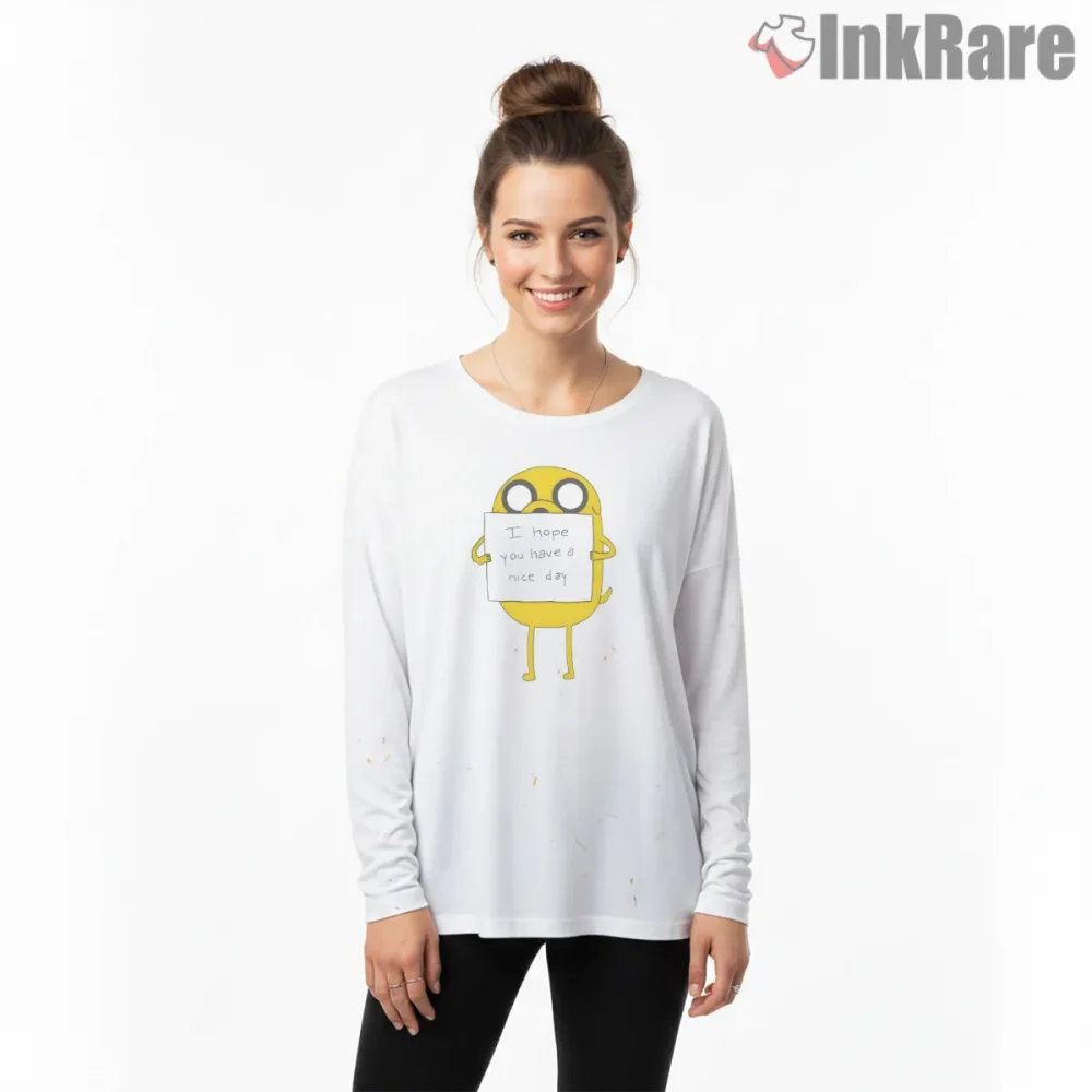Jake Holding Note Funny Quote Cartoon Shirt on white long sleeve shirt for women graphic tee