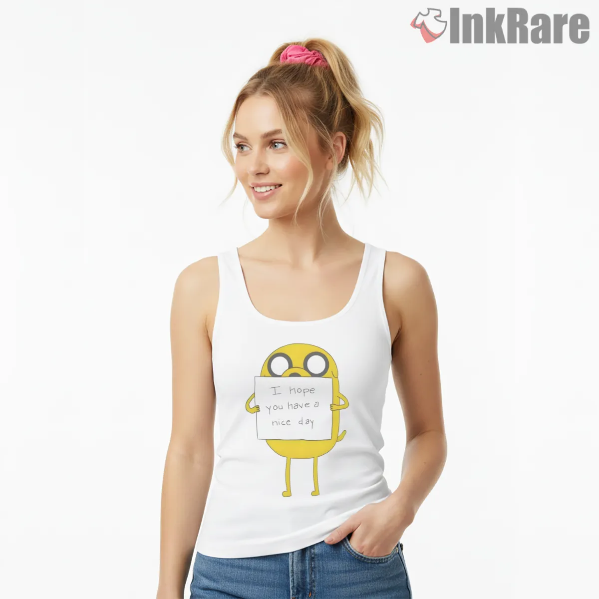 Jake Holding Note Funny Quote Cartoon Tank Top White Jake Holding Note Funny Quote Cartoon Shirt on white tank top for women graphic tee