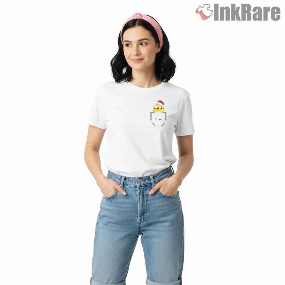 Jake In Pocket Christmas Hat Cute Cartoon Shirt on white short sleeve shirt for women graphic tee