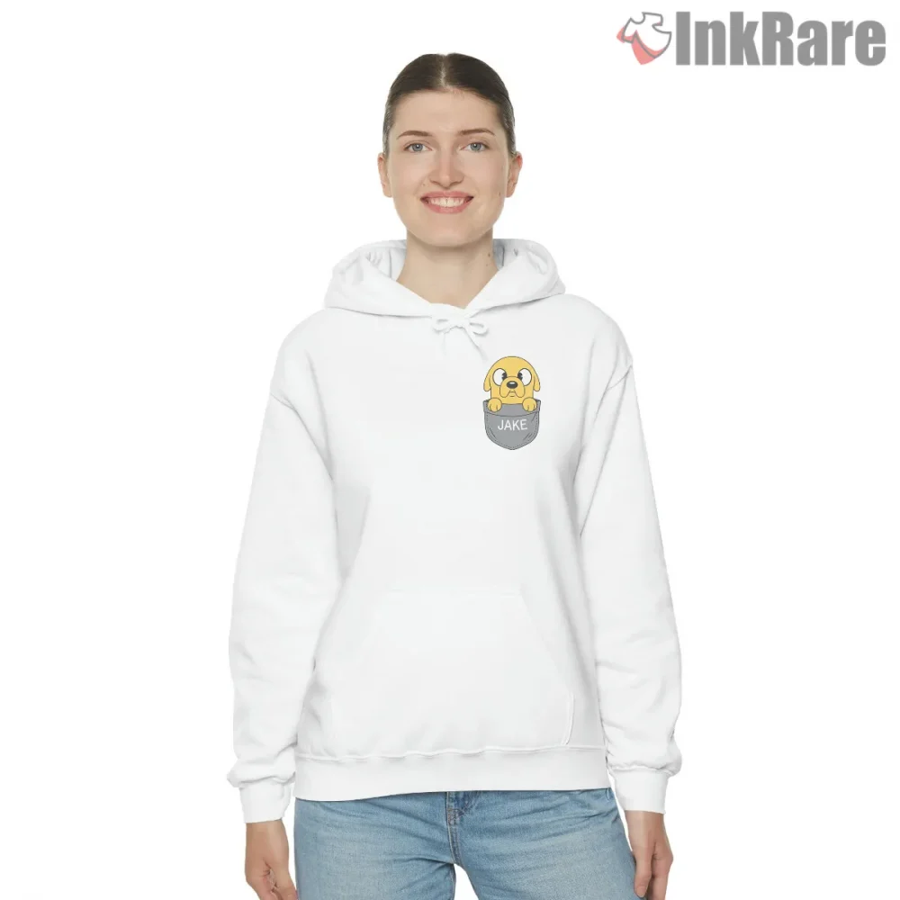 Jake In Pocket Minimal Cute Cartoon Shirt on white hoodie for women graphic tee
