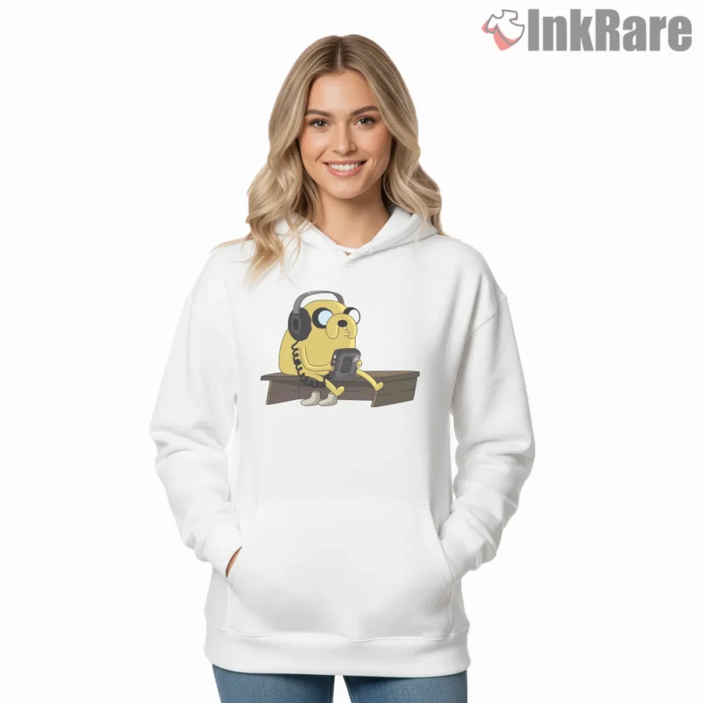 Jake Listening Music Headphones Chill Cartoon Shirt on white hoodie for women graphic tee