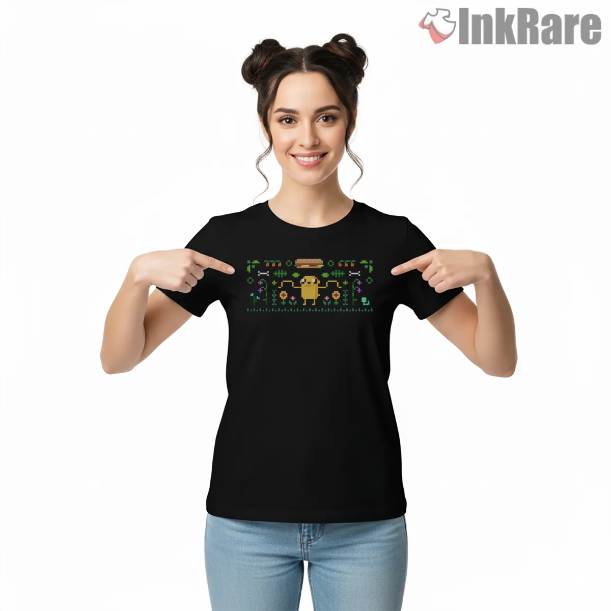 Jake Pixel Pattern Retro Game Style Cartoon Short Sleeve Black Jake Pixel Pattern Retro Game Style Cartoon Shirt on black short sleeve shirt for women graphic tee
