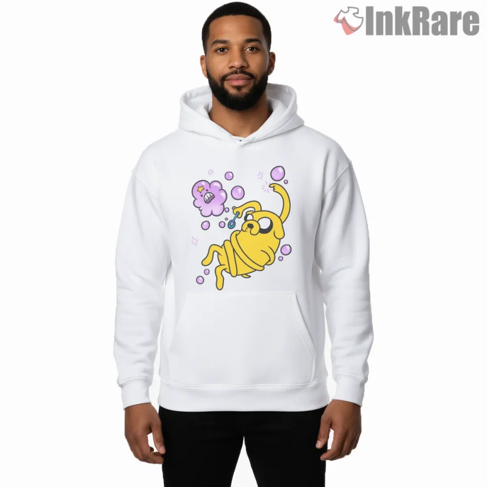Jake Playing With Bubbles Cute Cartoon Shirt on white hoodie for men graphic tee
