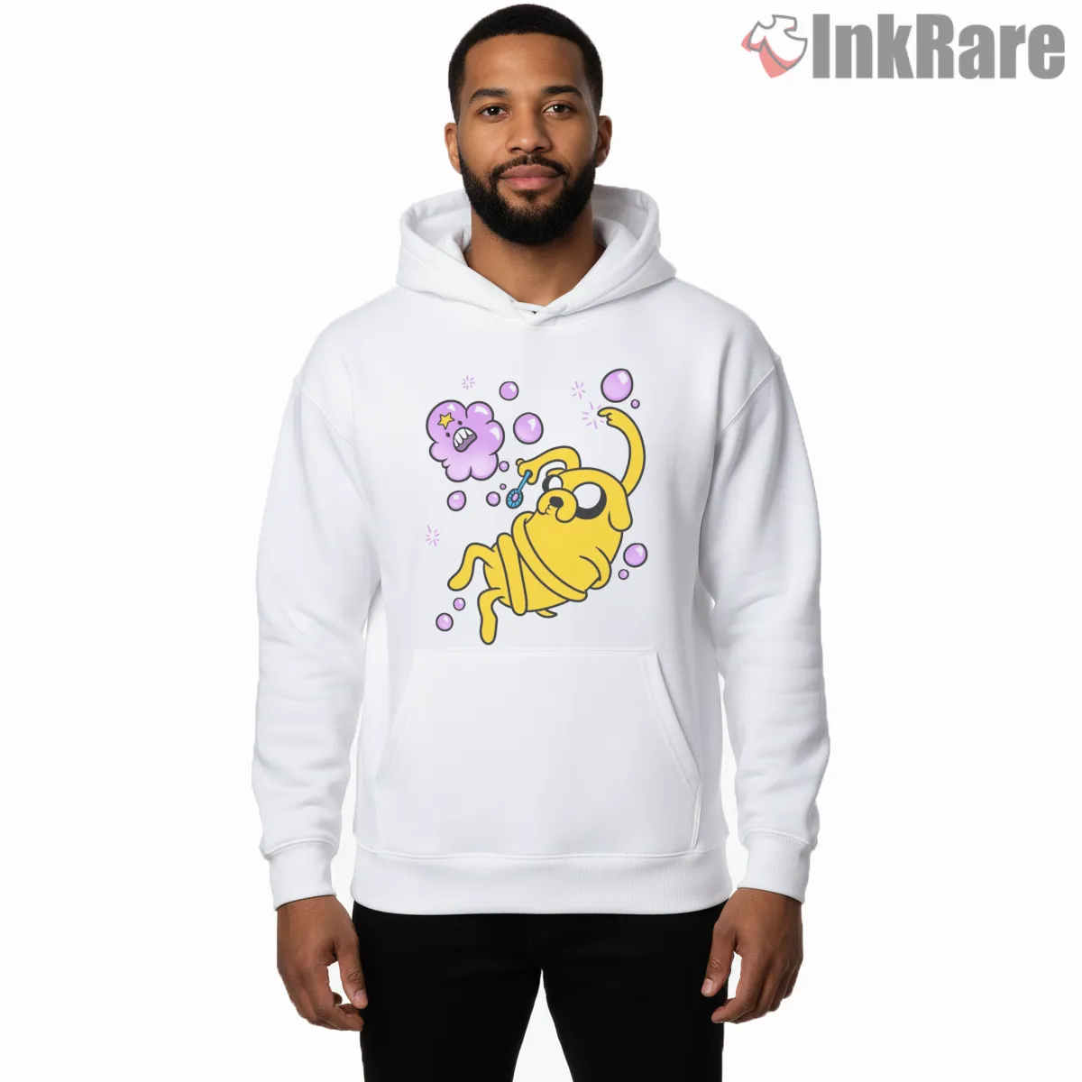 Jake Playing With Bubbles Cute Cartoon Hoodie White Jake Playing With Bubbles Cute Cartoon Shirt on white hoodie for men graphic tee