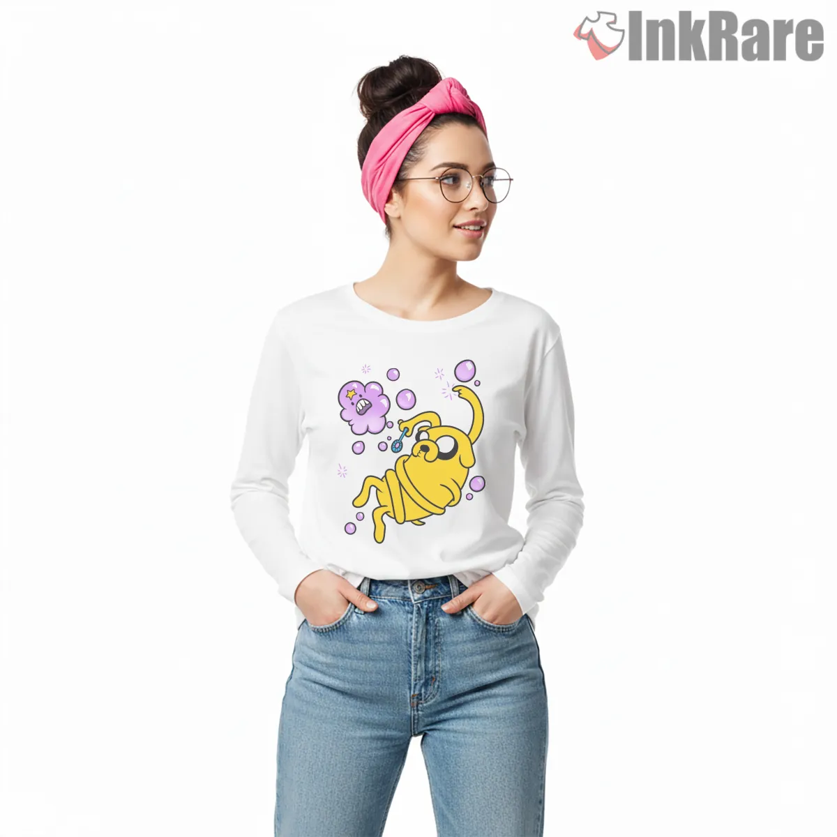 Jake Playing With Bubbles Cute Cartoon Long Sleeve White Jake Playing With Bubbles Cute Cartoon Shirt on white long sleeve shirt for women graphic tee