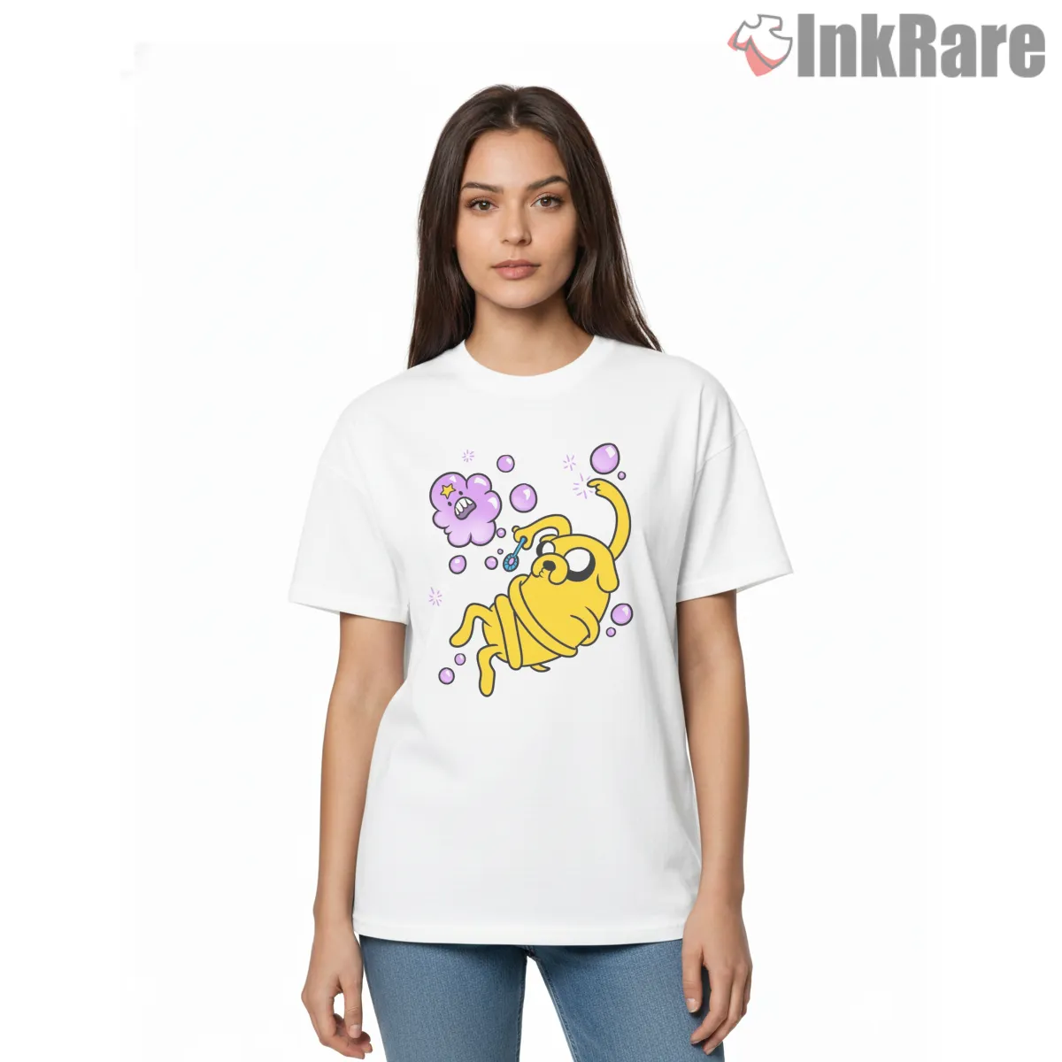 Jake Playing With Bubbles Cute Cartoon Short Sleeve White Jake Playing With Bubbles Cute Cartoon Shirt on white short sleeve shirt for women graphic tee