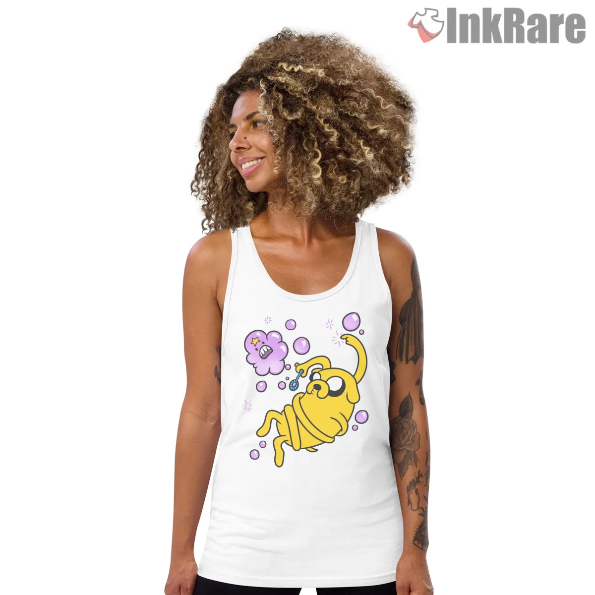Jake Playing With Bubbles Cute Cartoon Tank Top White Jake Playing With Bubbles Cute Cartoon Shirt on white tank top for women graphic tee
