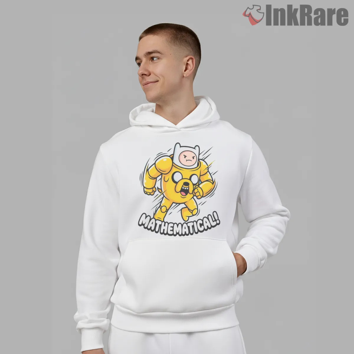 Jake Running Mathematical Action Cartoon Hoodie White Jake Running Mathematical Action Cartoon Shirt on white hoodie for men graphic tee