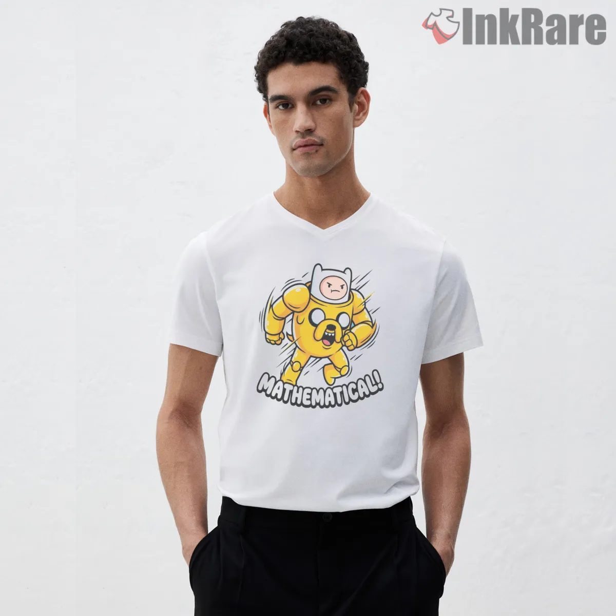 Jake Running Mathematical Action Cartoon V Neck White Jake Running Mathematical Action Cartoon Shirt on white v-neck shirt for men graphic tee