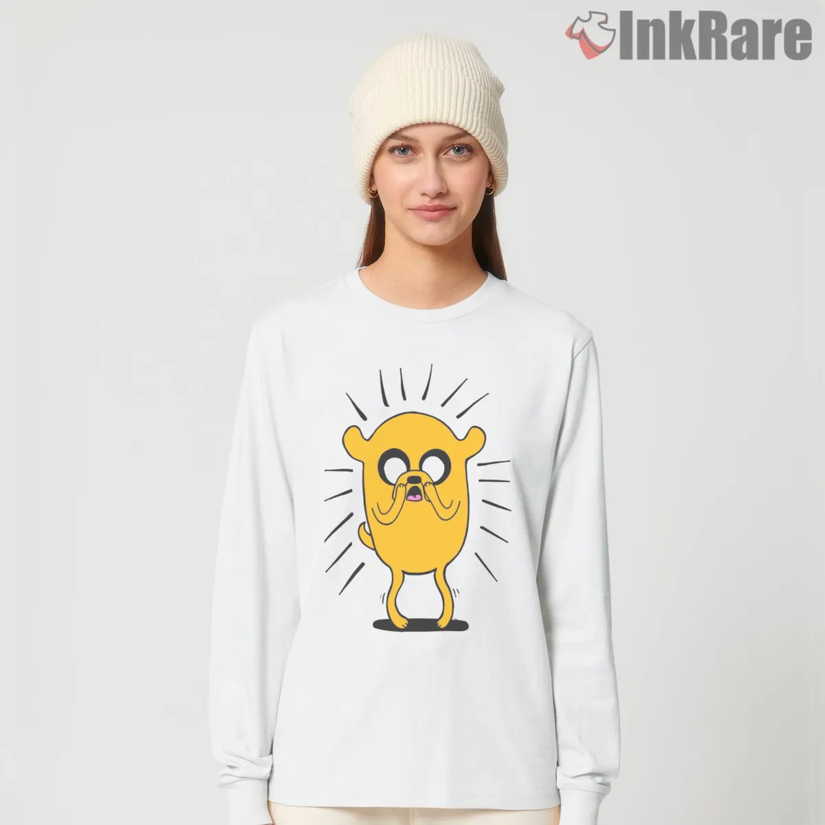Jake Shock Expression Cartoon Reaction Funny Long Sleeve White Jake Shock Expression Cartoon Reaction Funny Shirt on white long sleeve shirt for women graphic tee