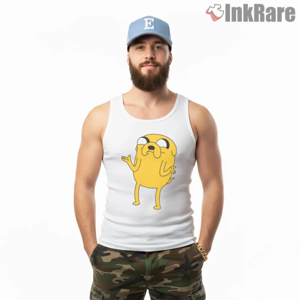 Jake Shrug Expression Funny Minimal Cartoon Shirt on white tank top for men graphic tee