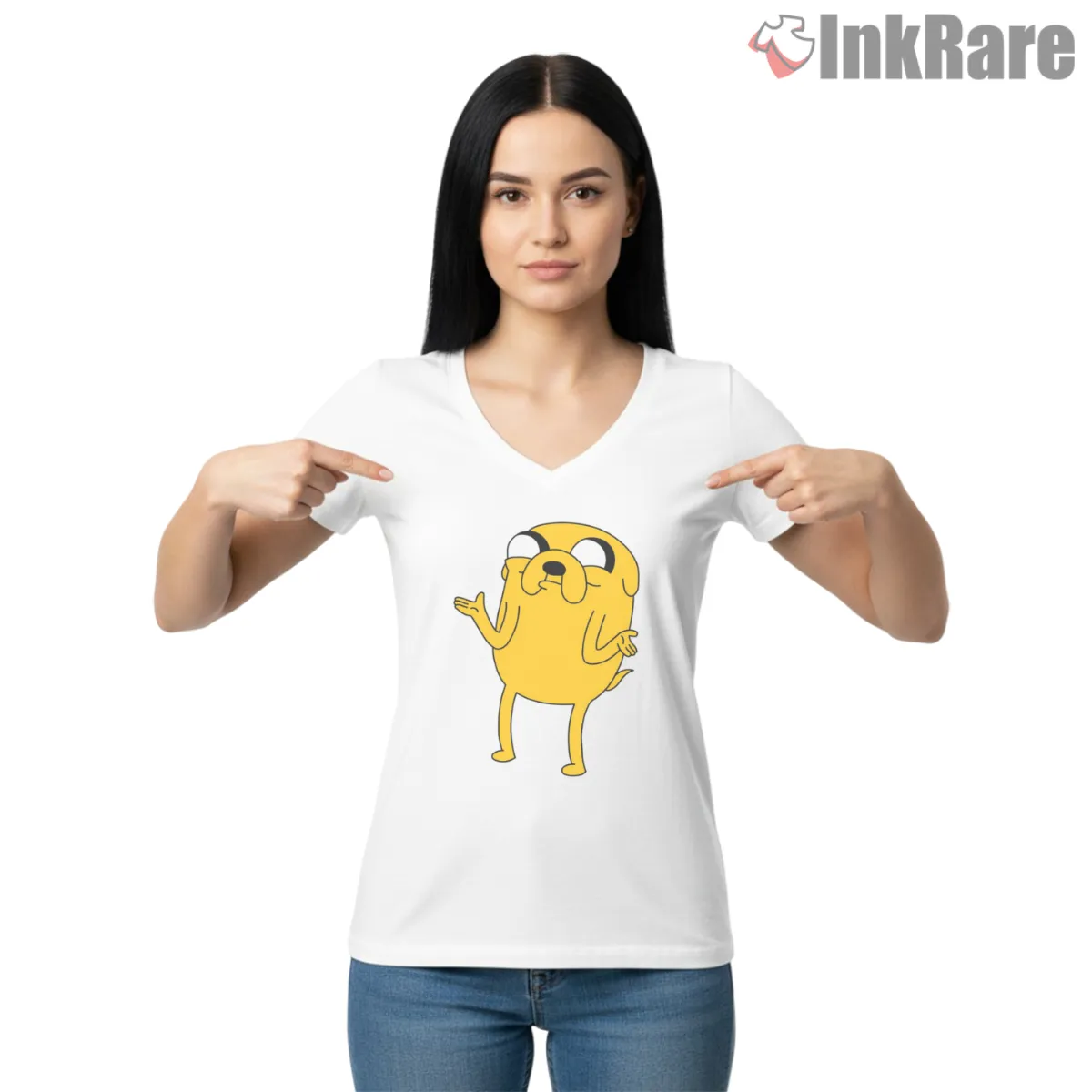 Jake Shrug Expression Funny Minimal Cartoon V Neck White Jake Shrug Expression Funny Minimal Cartoon Shirt on white v-neck shirt for women graphic tee