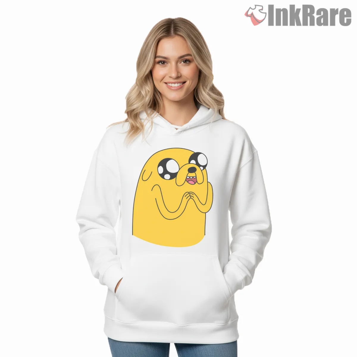 Jake Sparkly Eyes Cute Expression Cartoon Hoodie White Jake Sparkly Eyes Cute Expression Cartoon Shirt on white hoodie for women graphic tee