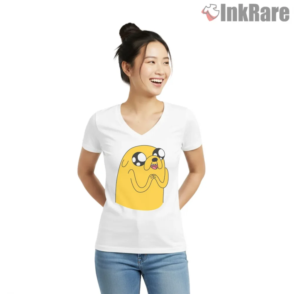 Jake Sparkly Eyes Cute Expression Cartoon Shirt on white v-neck shirt for women graphic tee