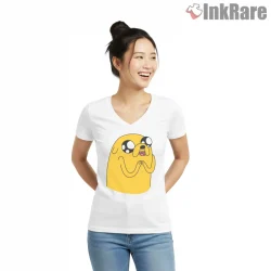 Jake Sparkly Eyes Cute Expression Cartoon Shirt on white v-neck shirt for women graphic tee