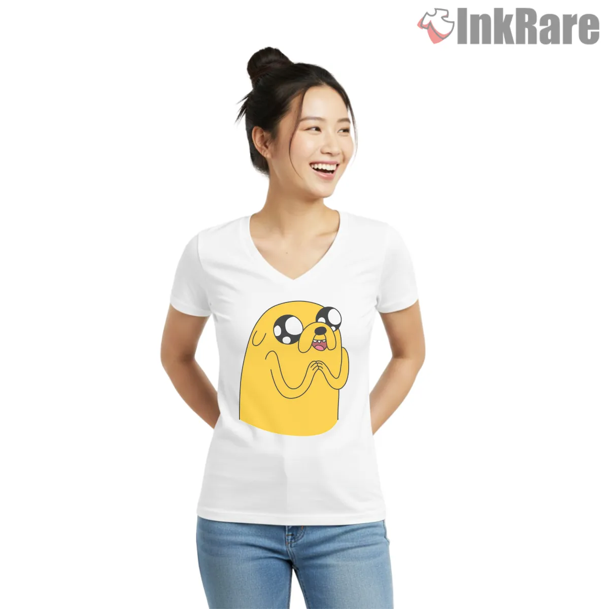 Jake Sparkly Eyes Cute Expression Cartoon V Neck White Jake Sparkly Eyes Cute Expression Cartoon Shirt on white v-neck shirt for women graphic tee