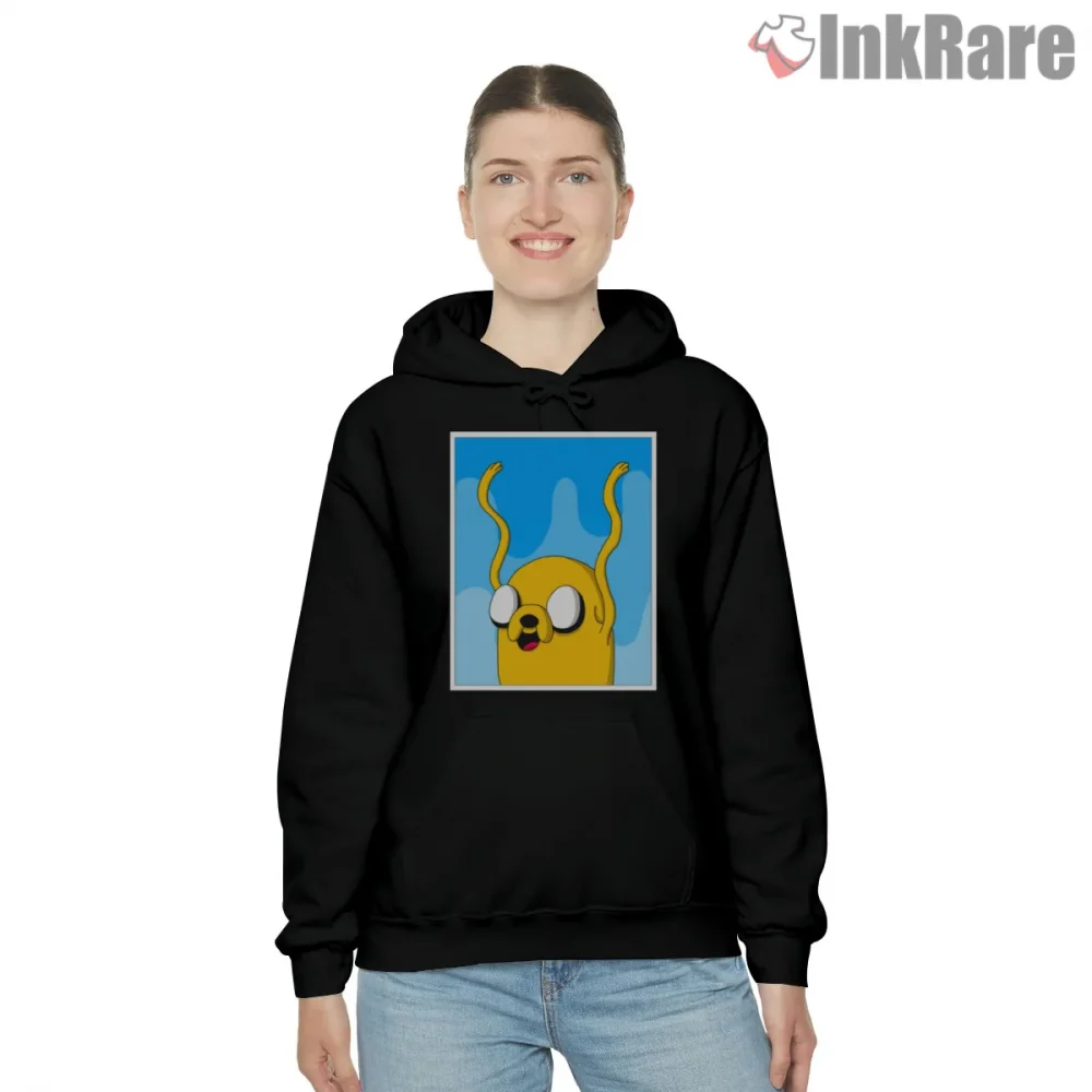 Jake Stretch Wave Minimal Blue Background Cartoon Shirt on black hoodie for women graphic tee