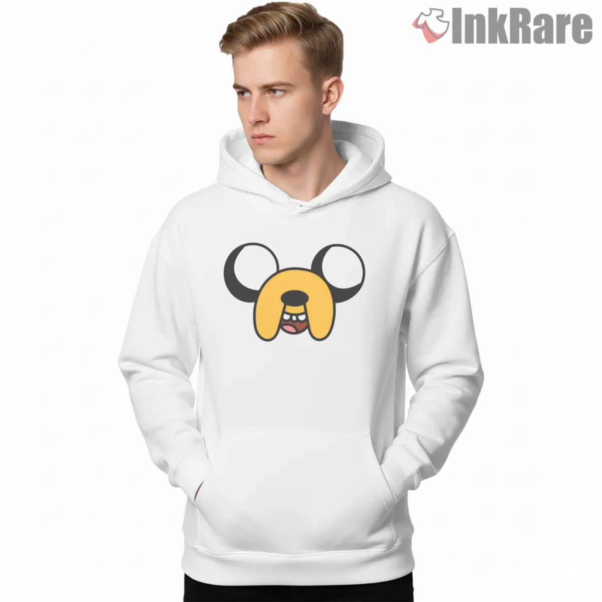 Jake The Dog Face Icon Minimal Cartoon Hoodie White Jake The Dog Face Icon Minimal Cartoon Shirt on white hoodie for men graphic tee