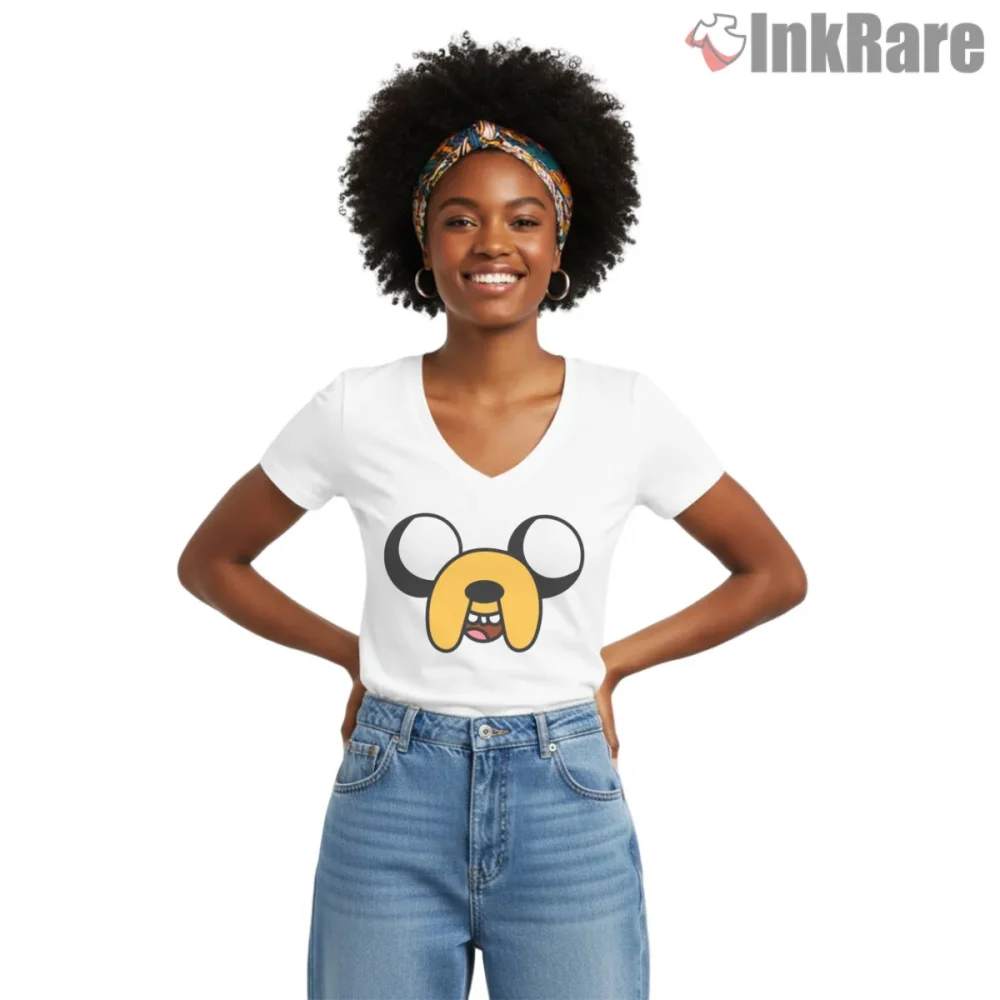 Jake The Dog Face Icon Minimal Cartoon Shirt on white v-neck shirt for women graphic tee