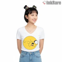 Jake The Dog Minimal Face Close Up Cartoon Shirt on white v-neck shirt for women graphic tee