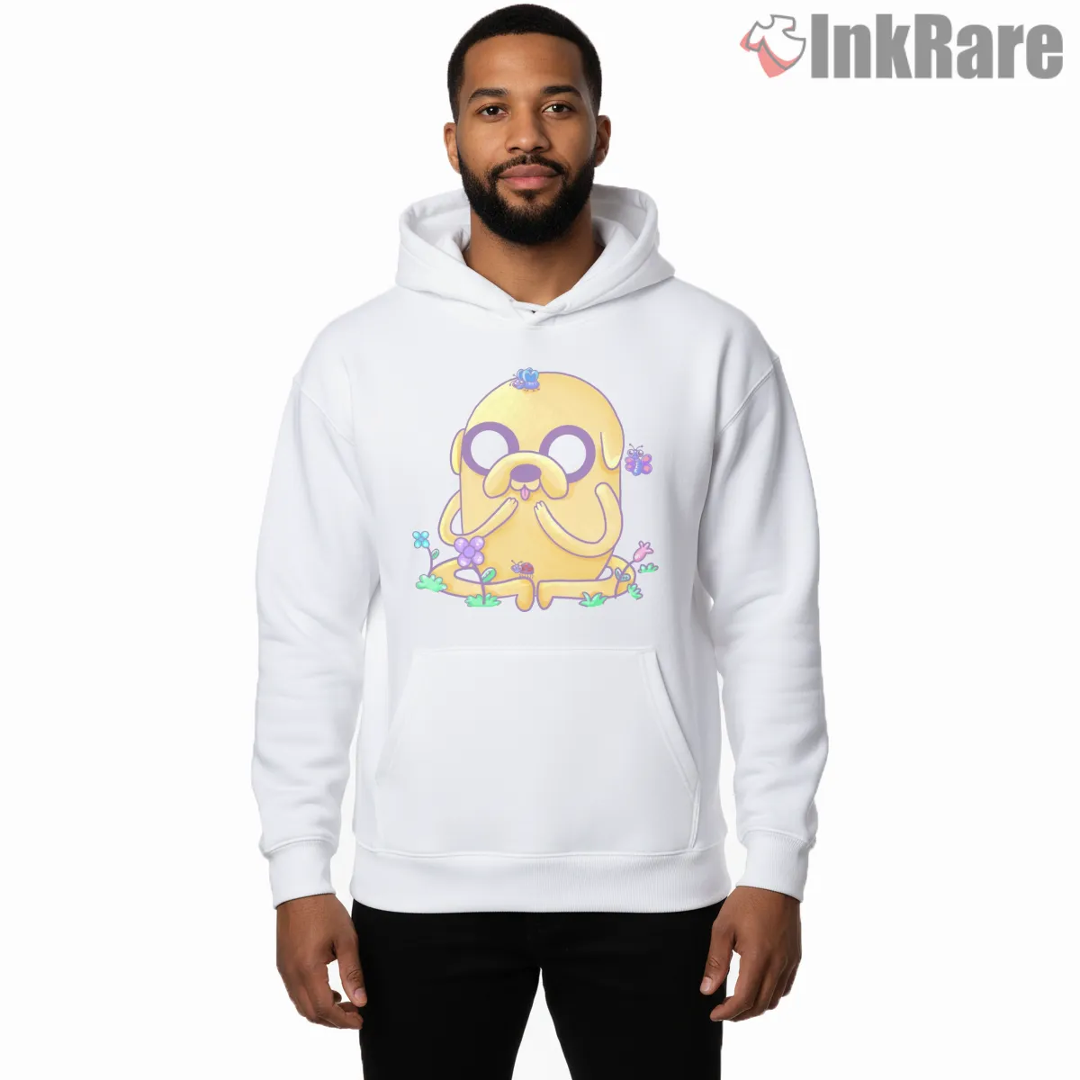 Jake With Butterflies Cute Nature Cartoon Hoodie White Jake With Butterflies Cute Nature Cartoon Shirt on white hoodie for men graphic tee