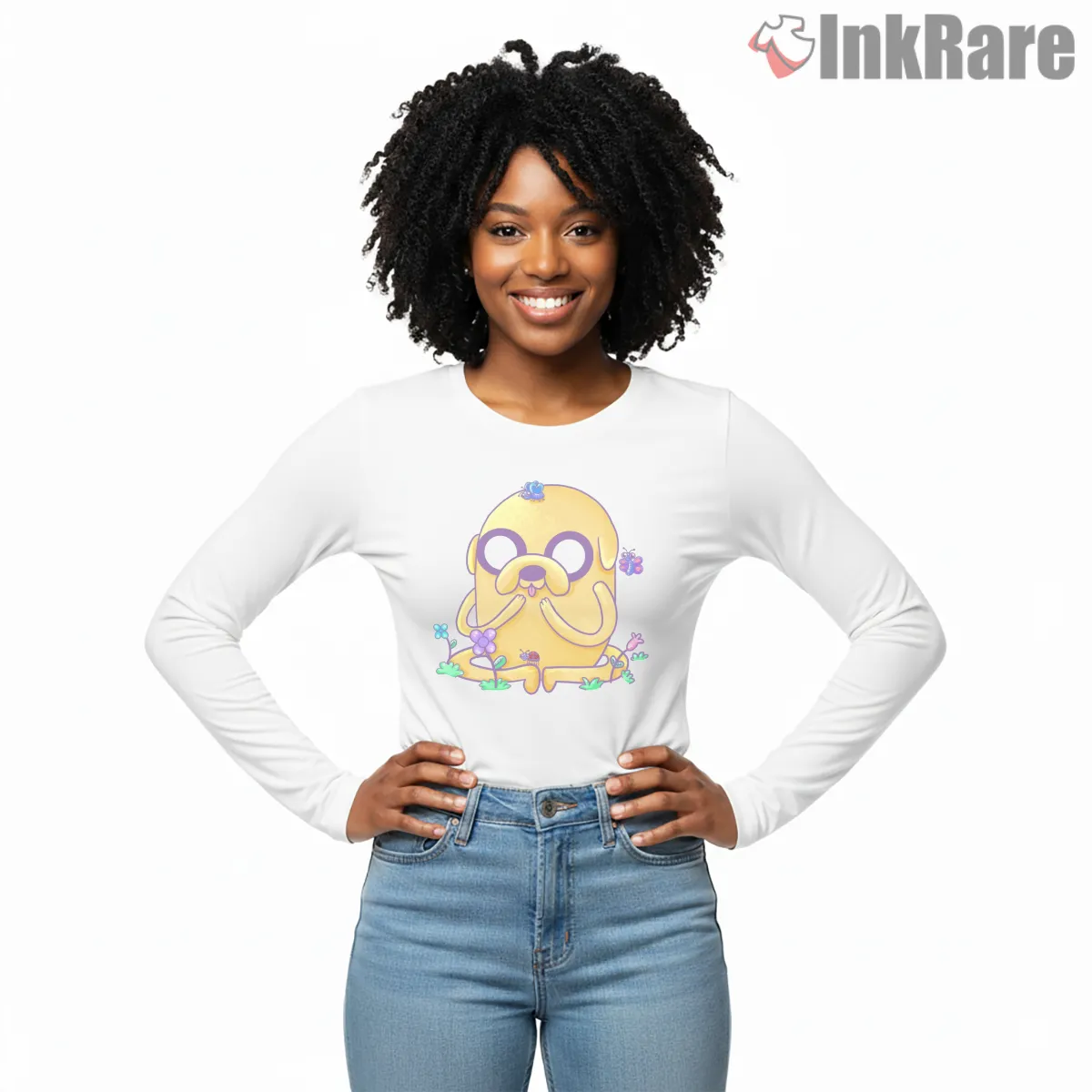 Jake With Butterflies Cute Nature Cartoon Long Sleeve White Jake With Butterflies Cute Nature Cartoon Shirt on white long sleeve shirt for women graphic tee