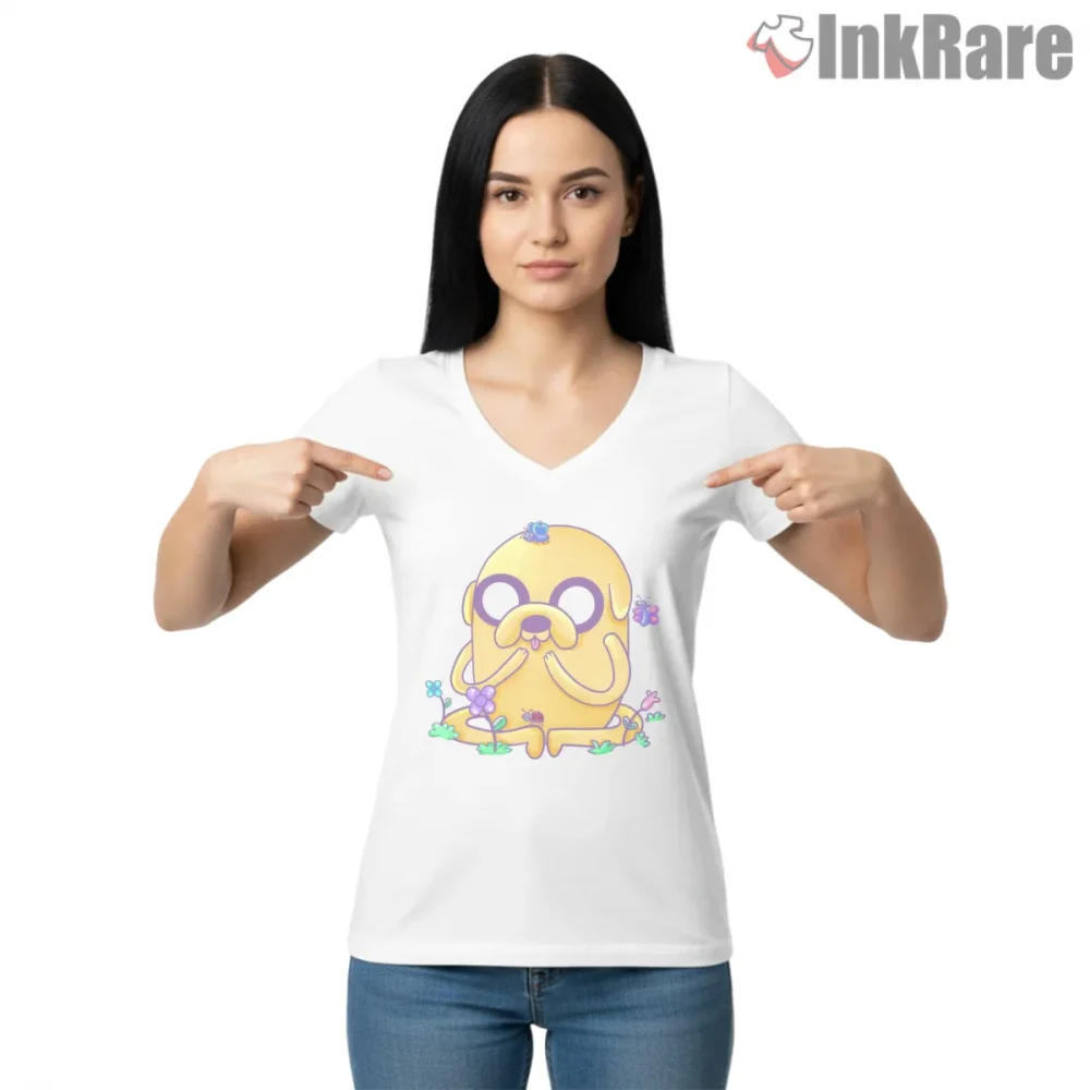 Jake With Butterflies Cute Nature Cartoon Shirt on white v-neck shirt for women graphic tee