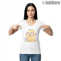 Jake With Butterflies Cute Nature Cartoon Shirt on white v-neck shirt for women graphic tee