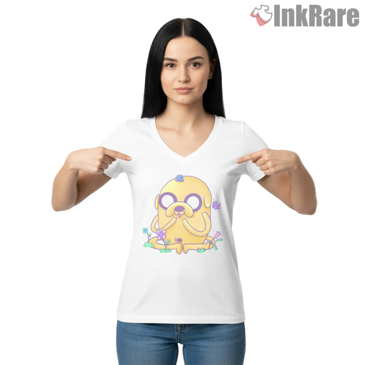 Jake With Butterflies Cute Nature Cartoon V Neck White Jake With Butterflies Cute Nature Cartoon Shirt on white v-neck shirt for women graphic tee
