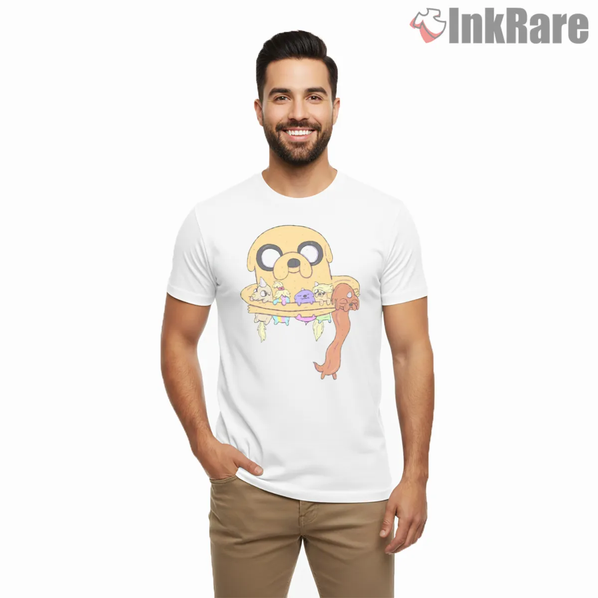 Jake With Pups Cute Family Cartoon Short Sleeve White Jake With Pups Cute Family Cartoon Shirt on white short sleeve shirt for men graphic tee