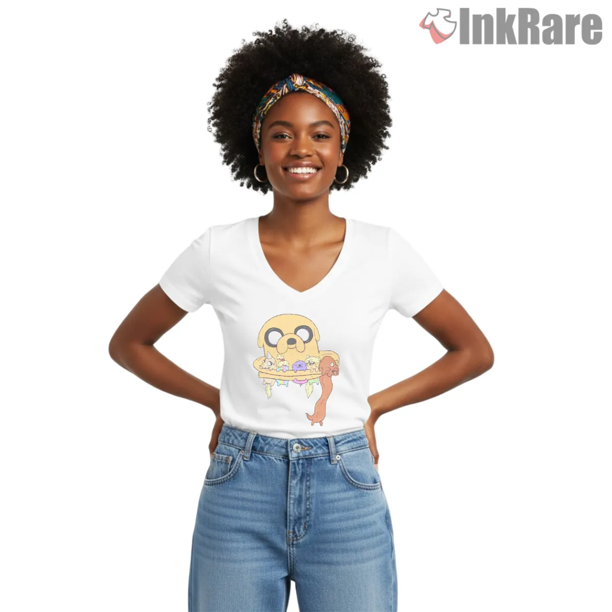 Jake With Pups Cute Family Cartoon V Neck White Jake With Pups Cute Family Cartoon Shirt on white v-neck shirt for women graphic tee