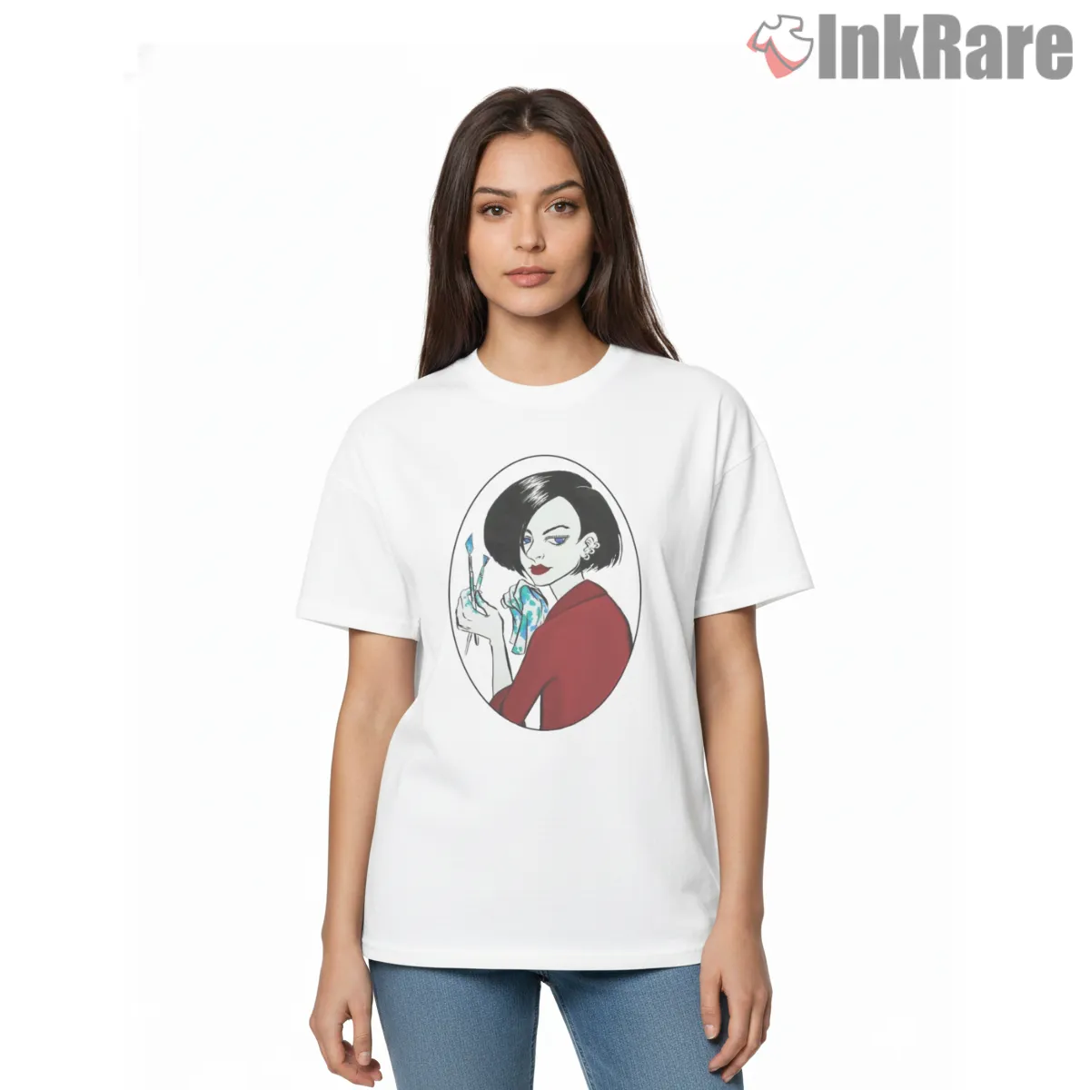 Jane Lane Artistic Portrait Minimal Cool Girl Shirt on white short sleeve shirt for women graphic tee