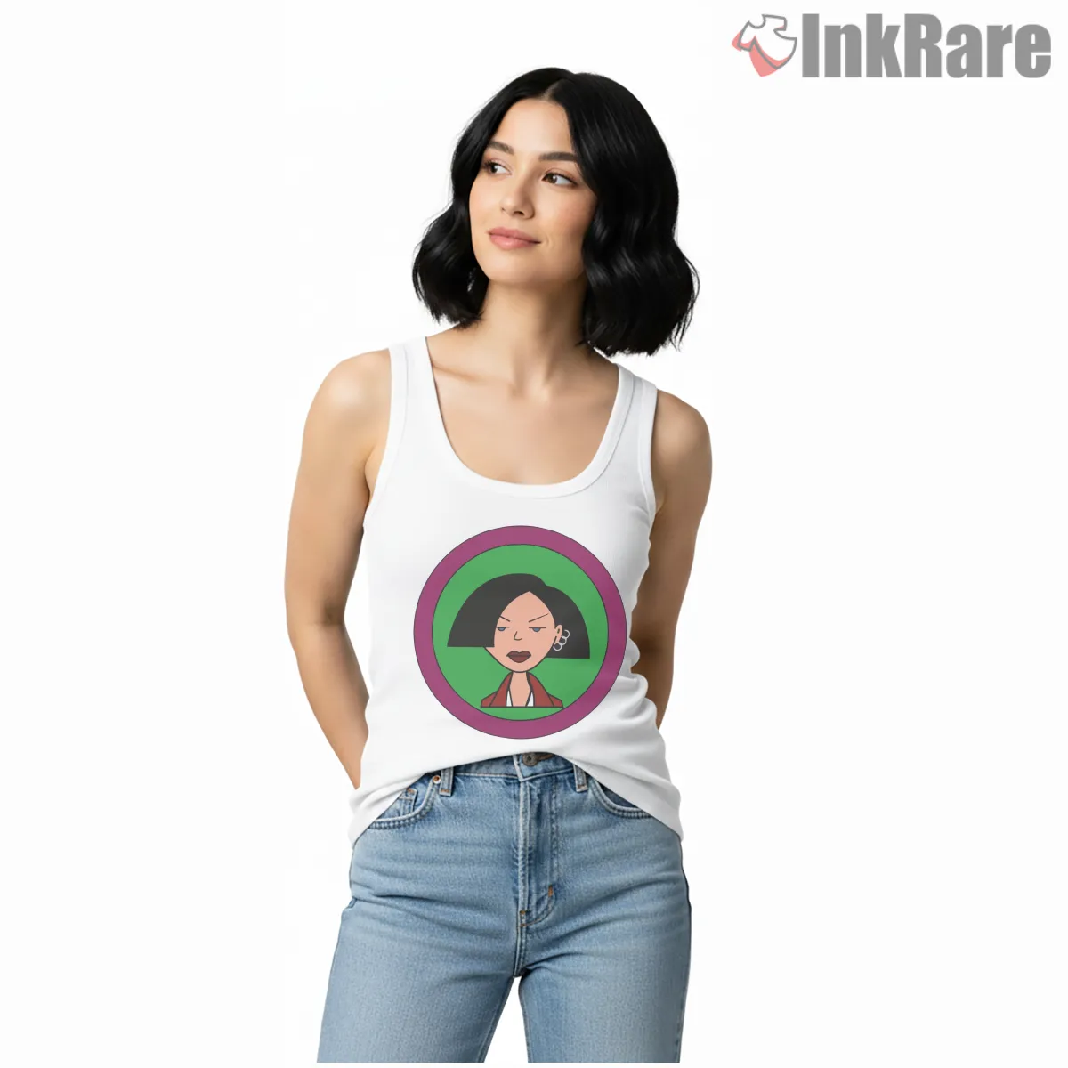 Jane Lane Logo Circle Minimal Portrait Shirt on white tank top for women graphic tee