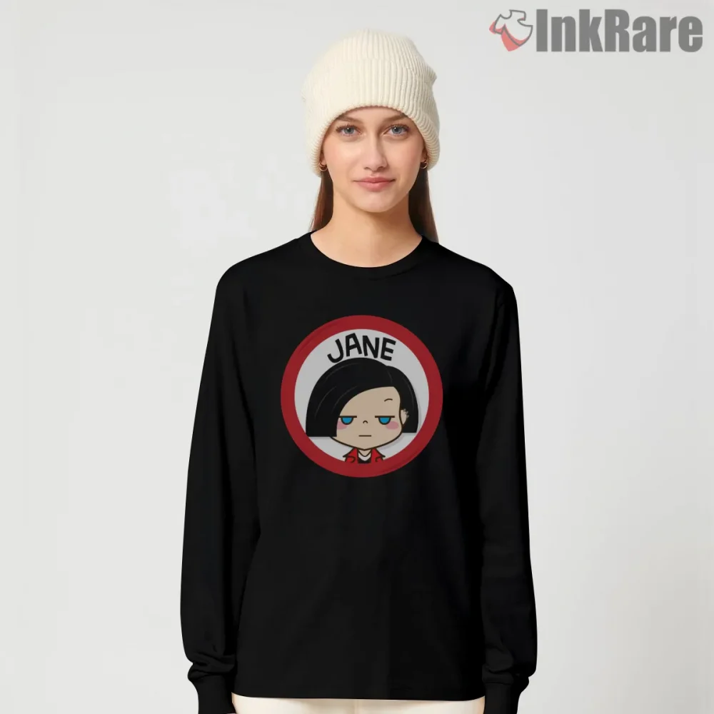 Jane Lane Minimal Portrait Cartoon Badge Shirt on black long sleeve shirt for women graphic tee