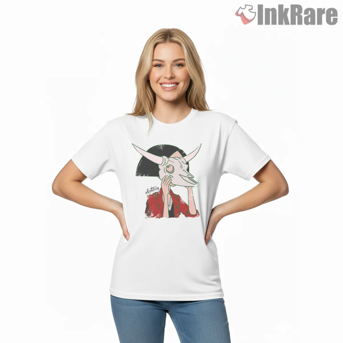 Jane Lane Skull Mask Whatever Grunge Shirt on white short sleeve shirt for women graphic tee