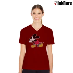 Women’s Japanese Brand Number Nine Eddie Vedder Mickey Mouse V-Neck Tee in maroon | Chic Neckline, Soft Texture