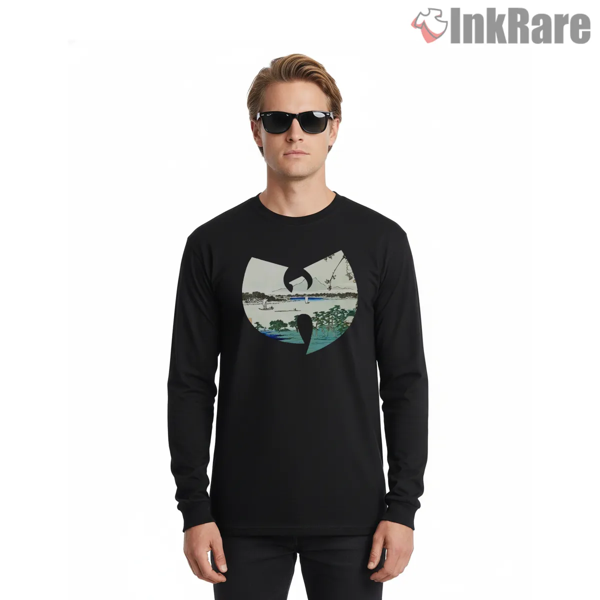 Japanese Landscape Wu Tang Logo Vintage Shirt on black long sleeve shirt for men graphic tee