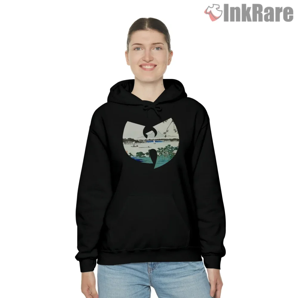 Japanese Landscape Wu Tang Logo Vintage Shirt on black hoodie for women graphic tee