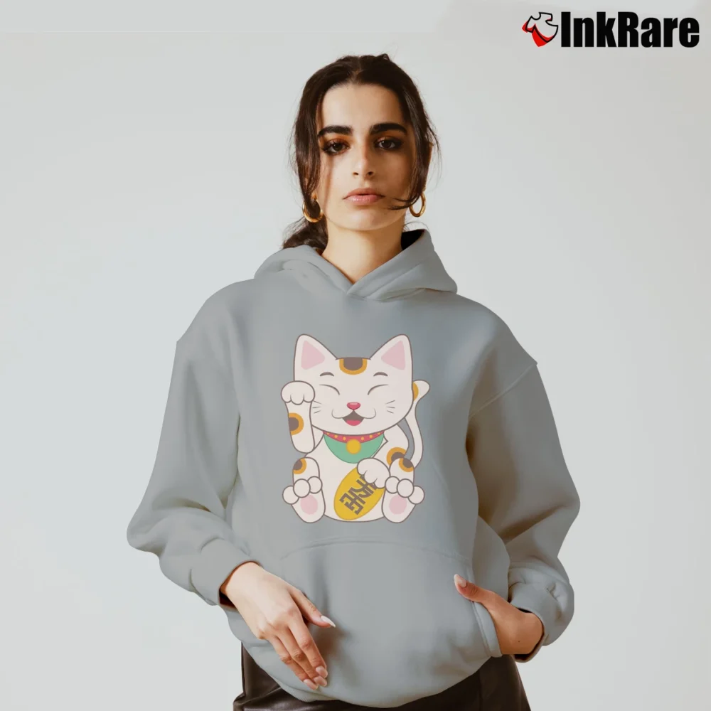 Women’s Japanese Lucky Maneki Neko Cat Cozy Hoodie in sport grey | Warm, Structured, Stylish