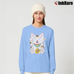 Women’s Japanese Lucky Maneki Neko Cat Long-Sleeve Top in light blue | Sleek, Versatile, All-Season