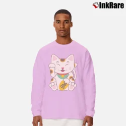 Men’s Japanese Lucky Maneki Neko Cat Long-Sleeve Shirt in light pink | Sleek, Lightweight, Year-Round Wear