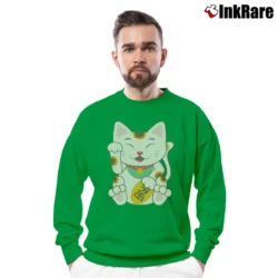 Men’s Japanese Lucky Maneki Neko Cat Crewneck Sweatshirt in irish green | Cozy Fabric, Clean Style