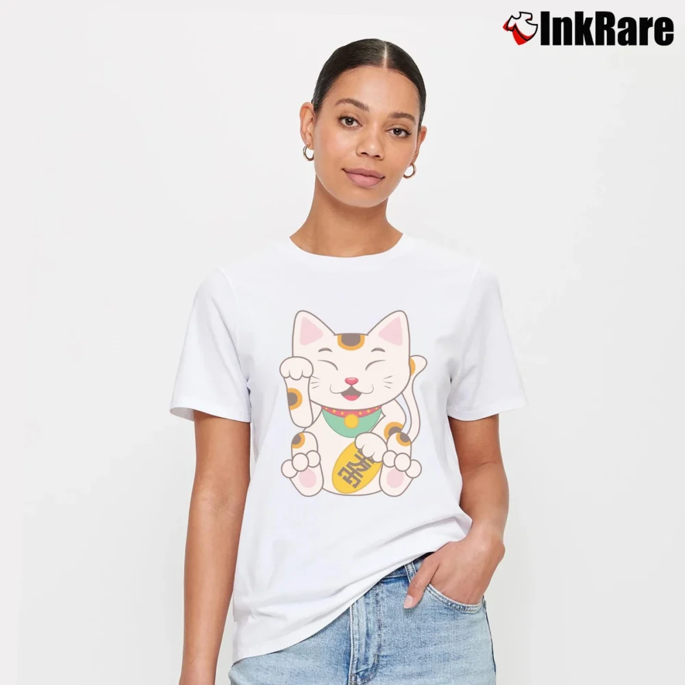 Women’s Japanese Lucky Maneki Neko Cat Signature T-Shirt in white | Soft, Flattering Fit