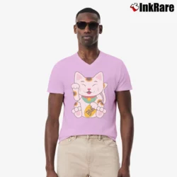 Men’s Japanese Lucky Maneki Neko Cat V-Neck Tee in light pink | Sharp, Breathable, Everyday Staple