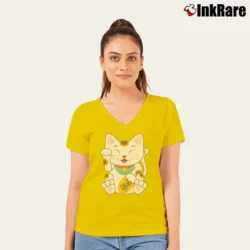 Women’s Japanese Lucky Maneki Neko Cat V-Neck Tee in yellow | Chic Neckline, Soft Texture