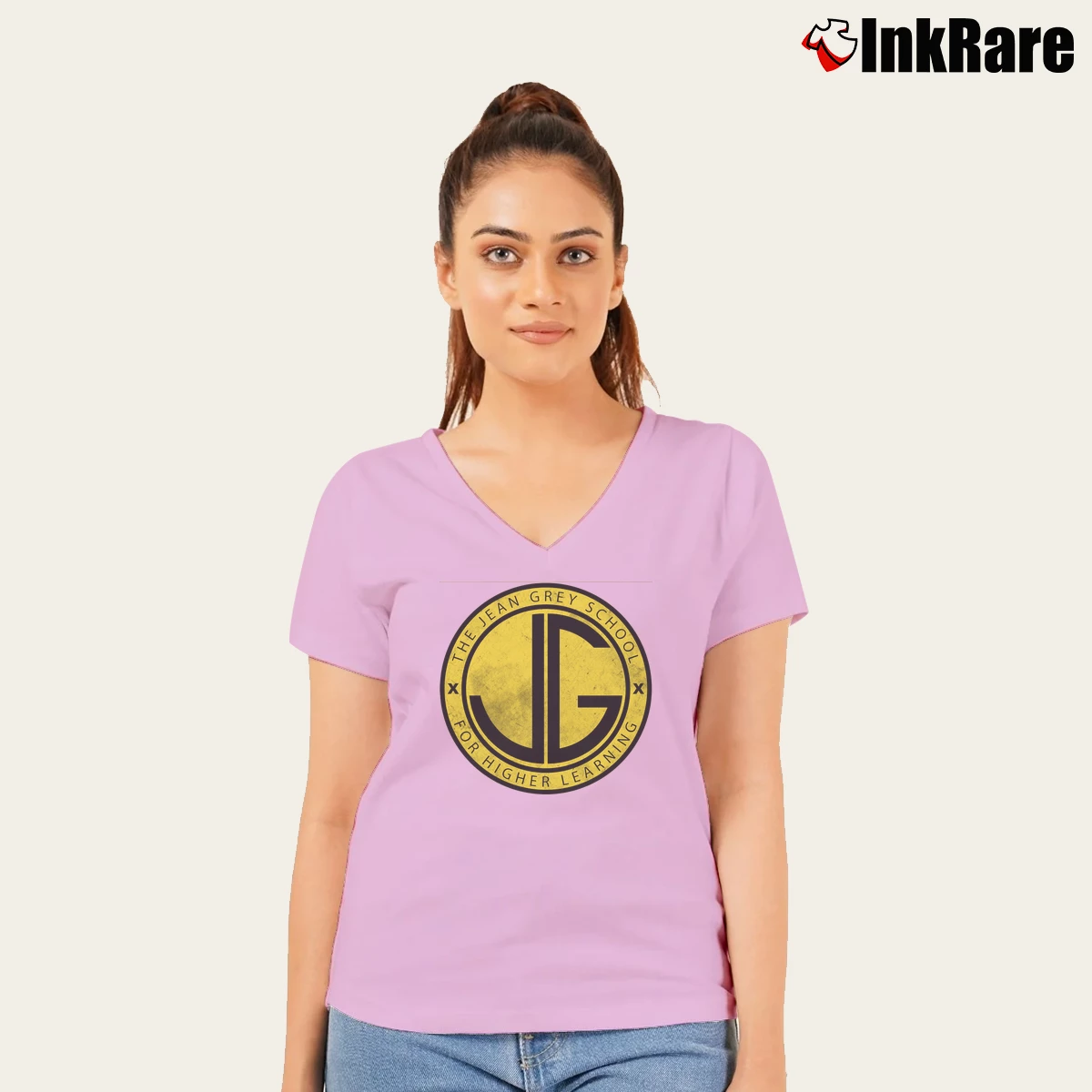 Women’s Jean Grey School For Higher Learning V-Neck Tee in light pink | Chic Neckline, Soft Texture