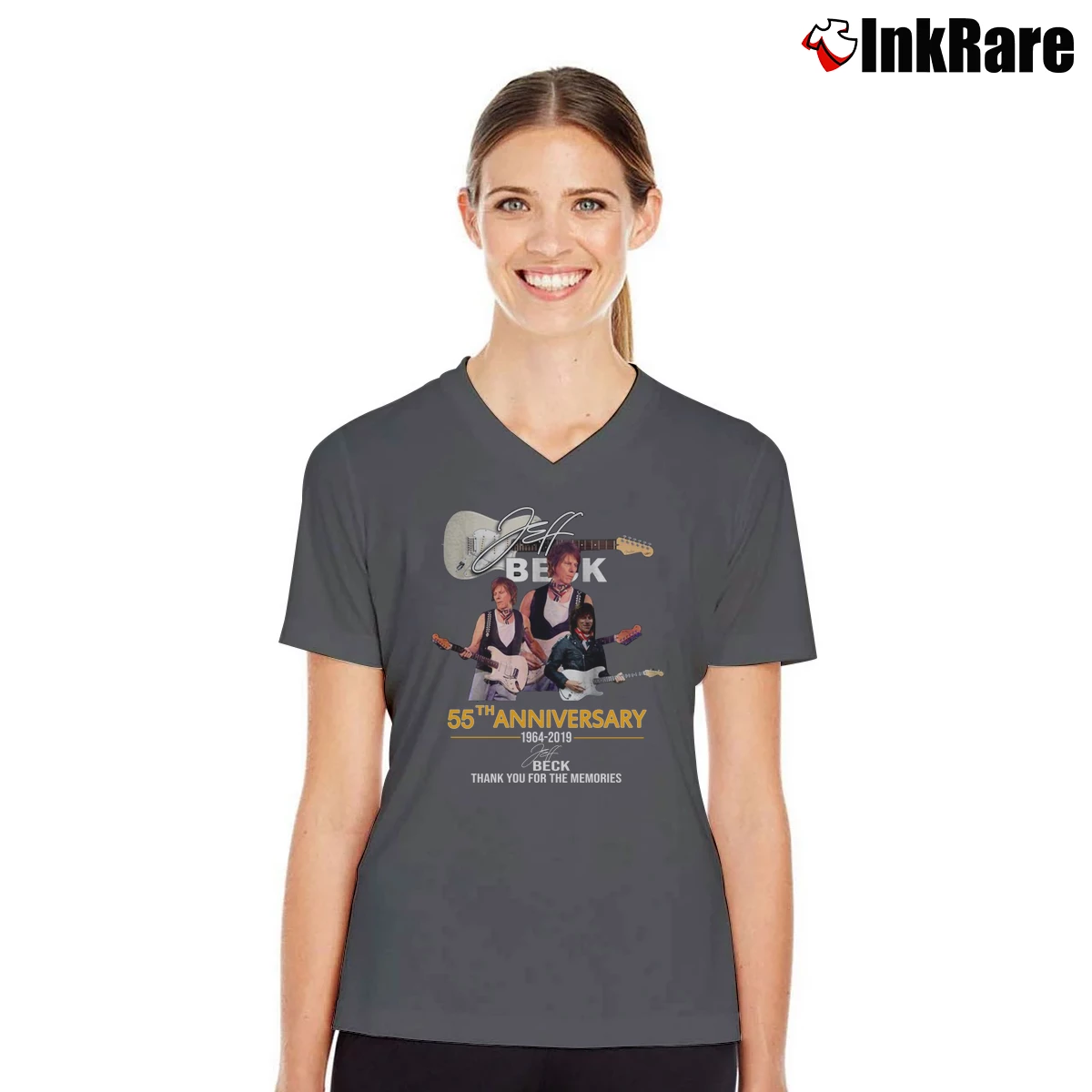 Jeff Beck 55th Anniversary 1964–2019 Tour Women’s V-Neck Tee in charcoal – Flattering Fit Women’s Jeff Beck 55th Anniversary 1964–2019 Tour V-Neck Tee in charcoal | Chic Neckline, Soft Texture