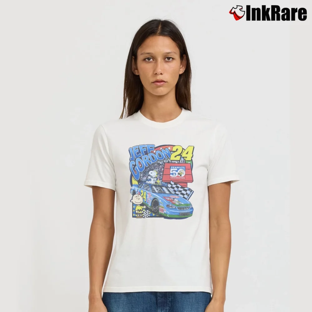 Women’s Jeff Gordon Nascar Snoopy Charlie Brown Racing Signature T-Shirt in white | Soft, Flattering Fit