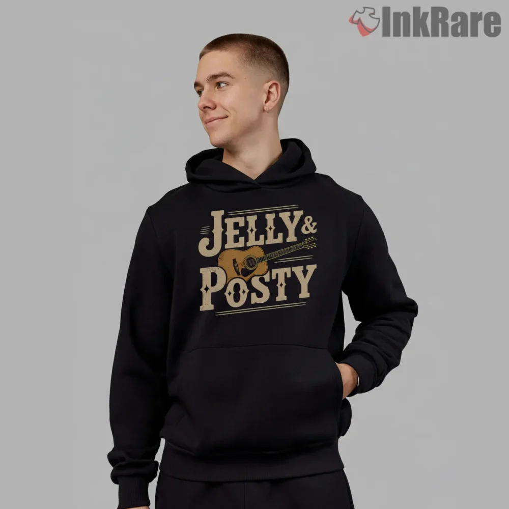 Jelly And Posty Acoustic Tour Typography Graphic Shirt on black hoodie for men graphic tee