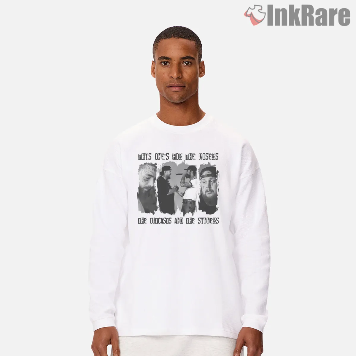 Jelly Roll And Post Malone Outcasts And Sinners Tour Long Sleeve White Jelly Roll And Post Malone Outcasts And Sinners Tour Shirt on white long sleeve shirt for men graphic tee